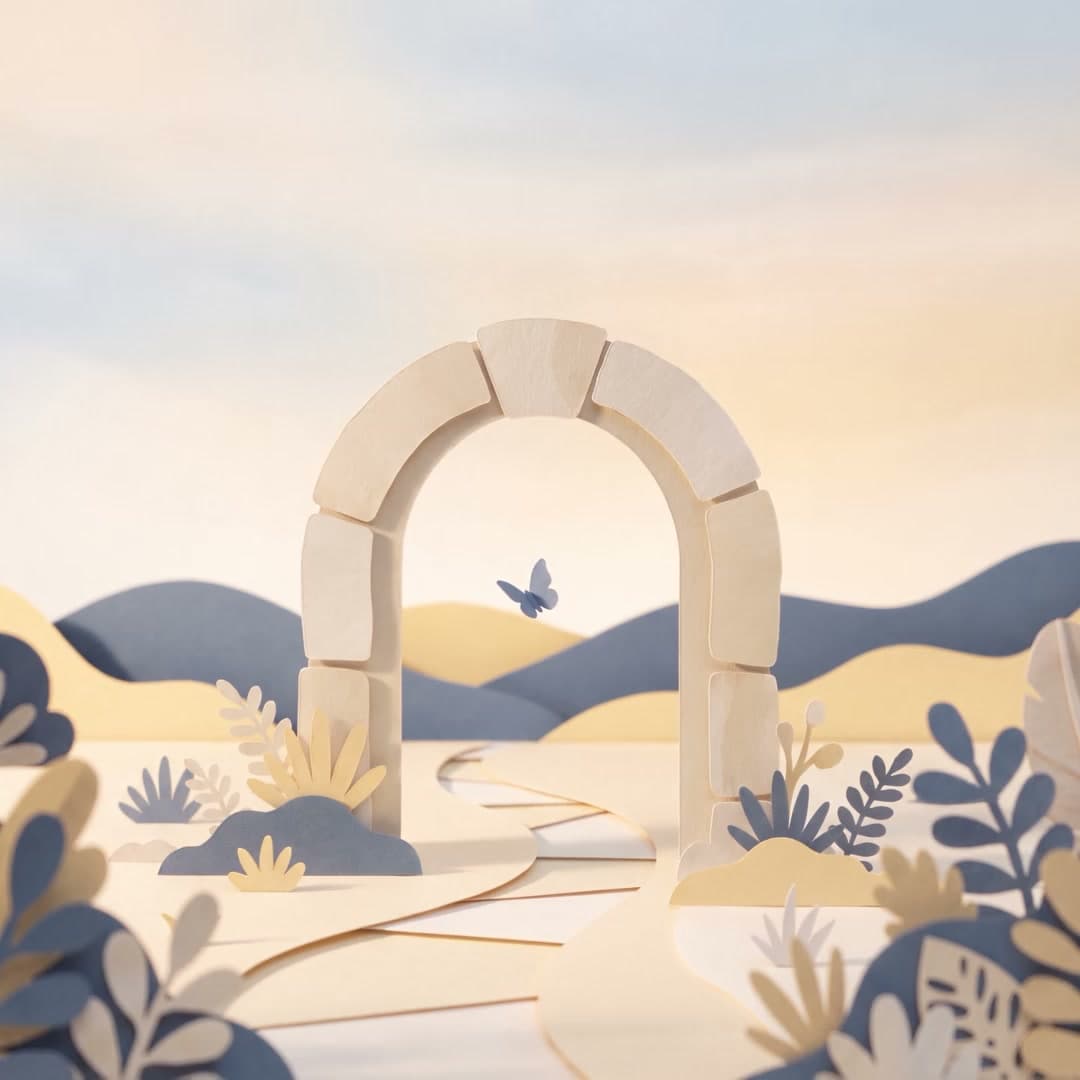 A blue butterfly above a winding path leading through an ivory arch in a cream and blue paper garden.
