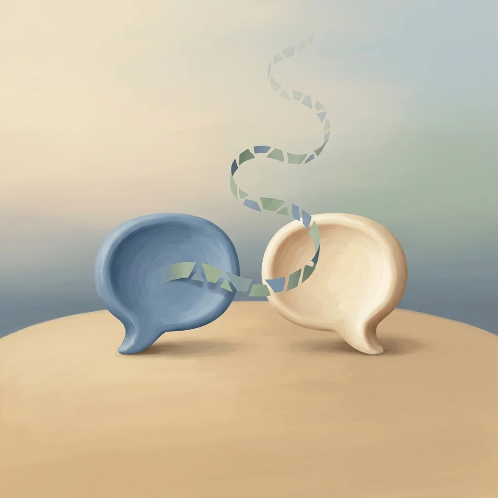 Two ceramic conversation shapes exchanging a delicate ribbon of blue and sage paper fragments.