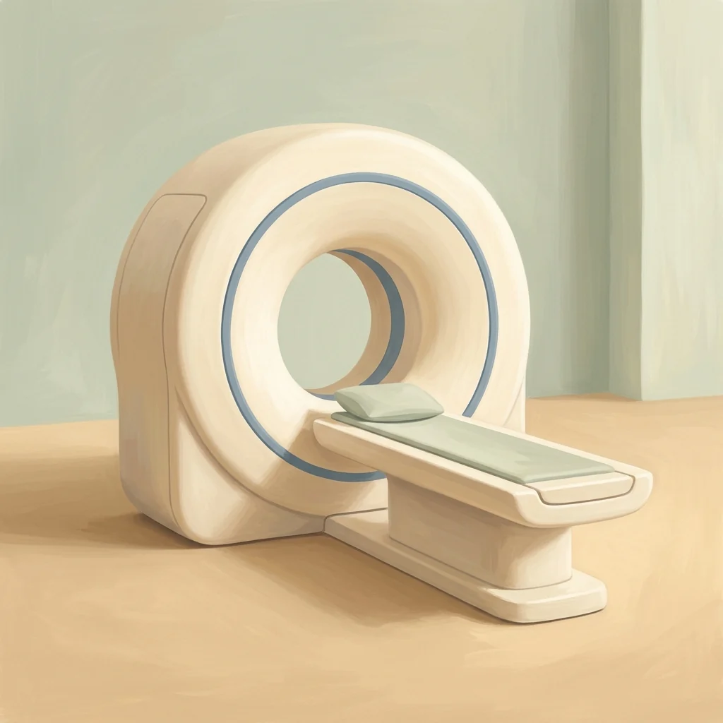 A softly painted ivory CT scanner with blue trim and an empty sage-cushioned table in a sunlit room.
