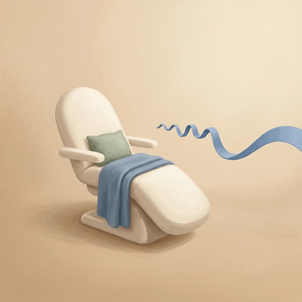 An empty ivory reclining chair with a blue blanket and a floating blue ribbon.
