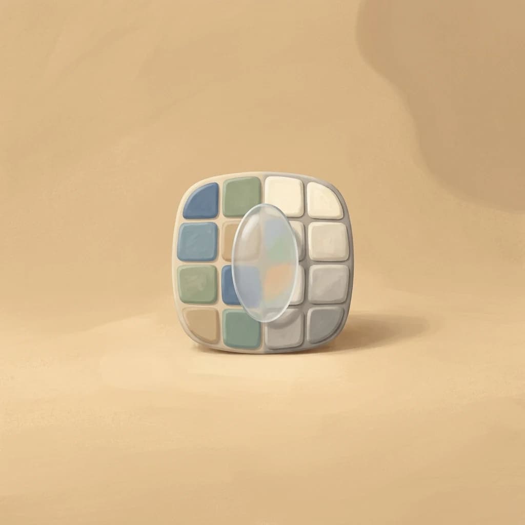 A translucent oval lens in front of a mosaic with muted colors and grayscale squares.