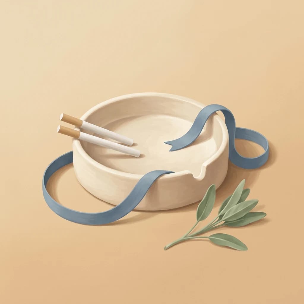 Two unlit cigarettes in an ivory dish with an open blue ribbon and a sage sprig.