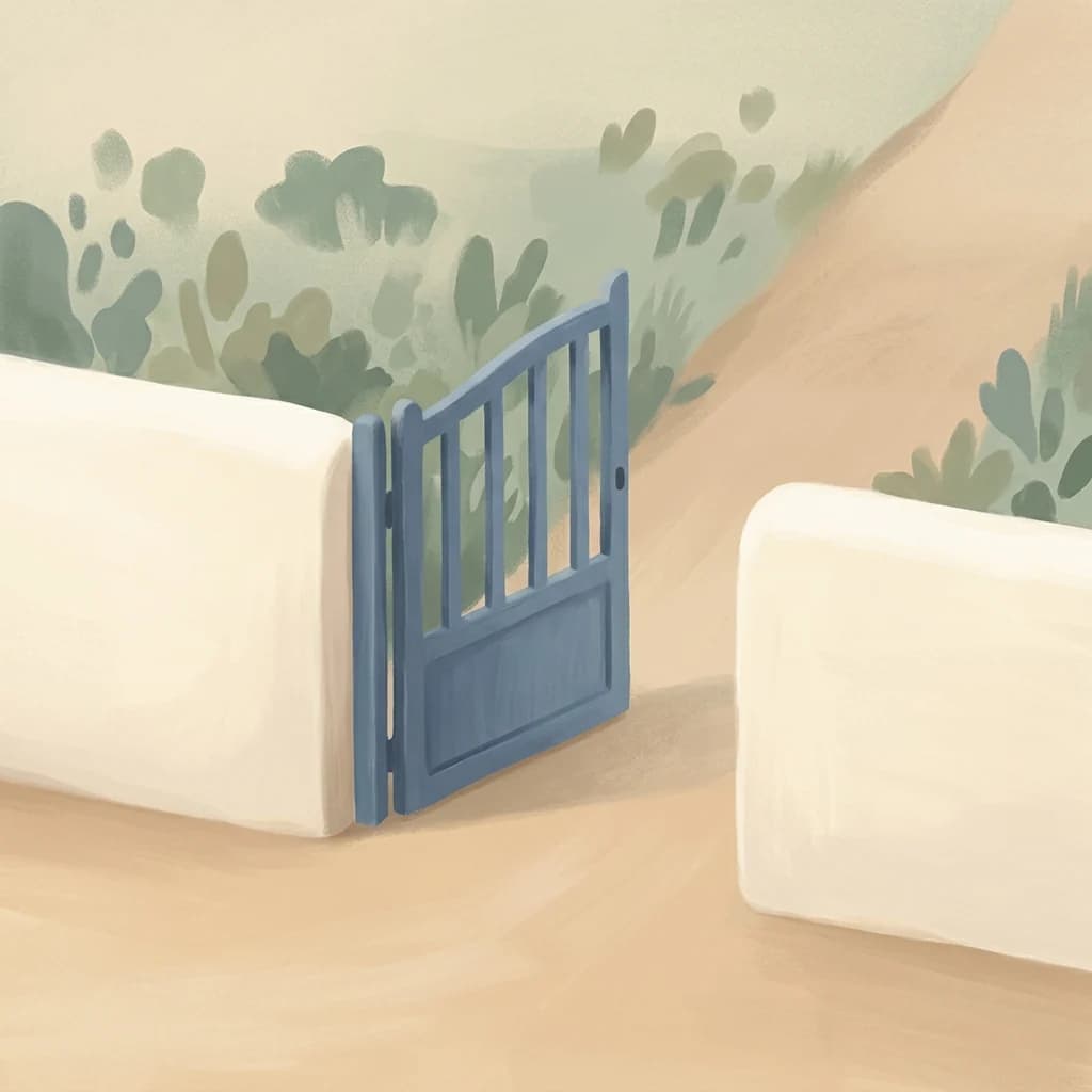 A blue garden gate between a quiet meadow and a sandy path.