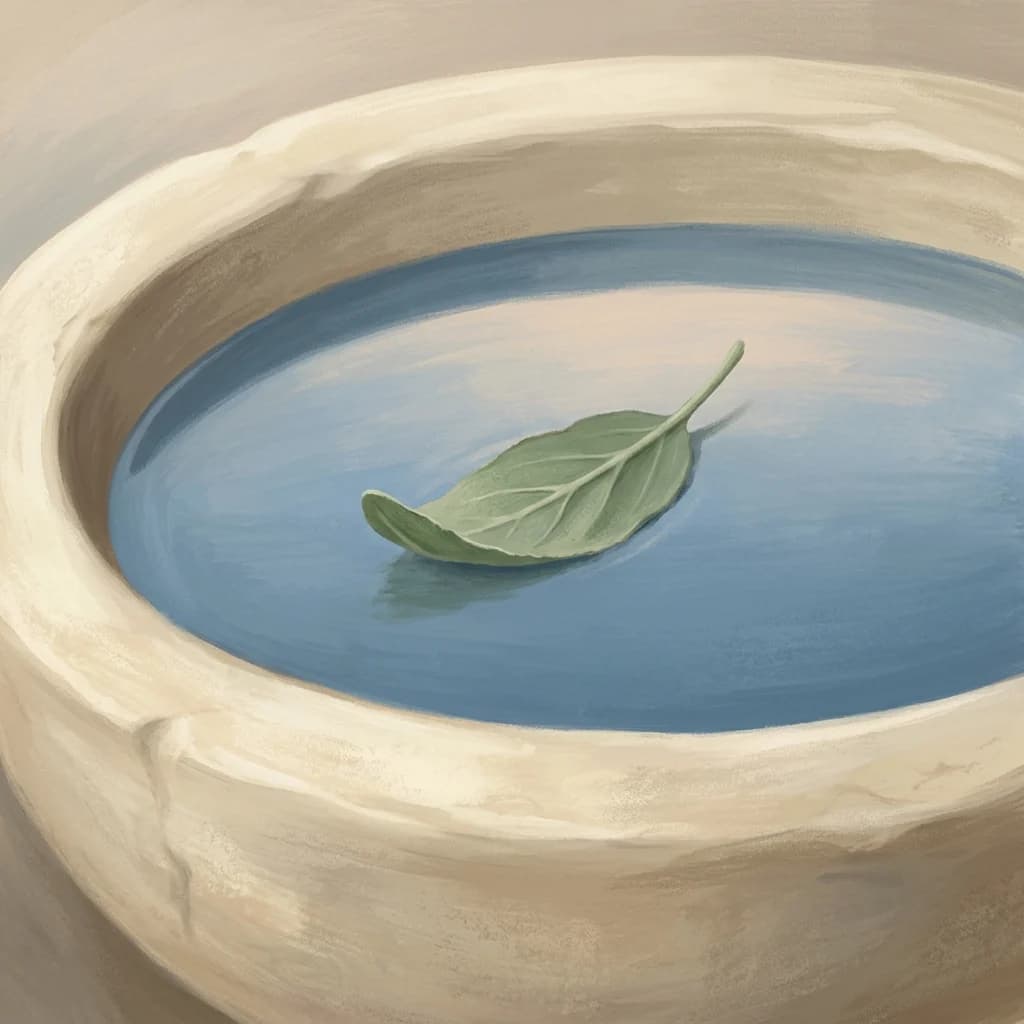 A sage leaf resting on still blue water in a softly sculpted ivory basin.