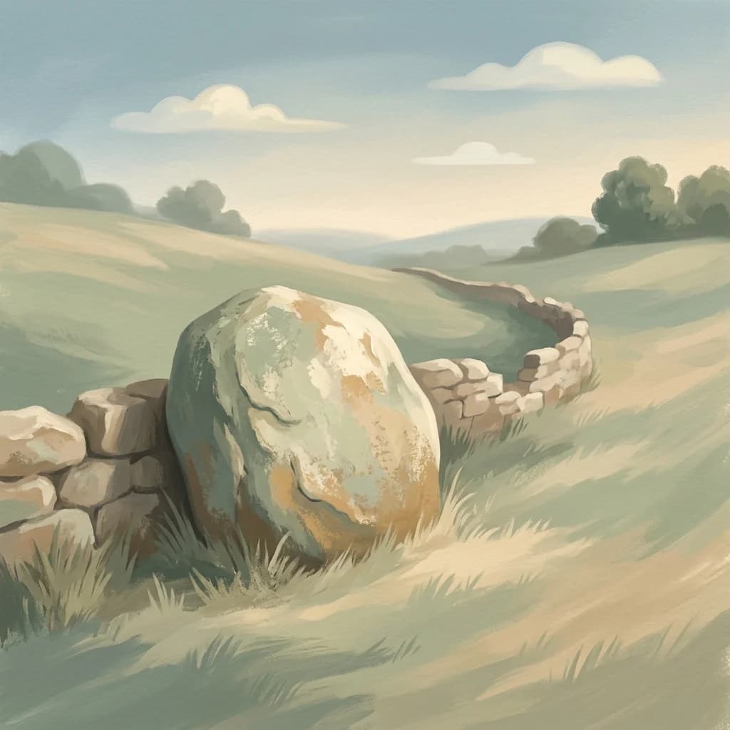 A rounded stone resting on a grassy slope beside an old garden wall in daylight.