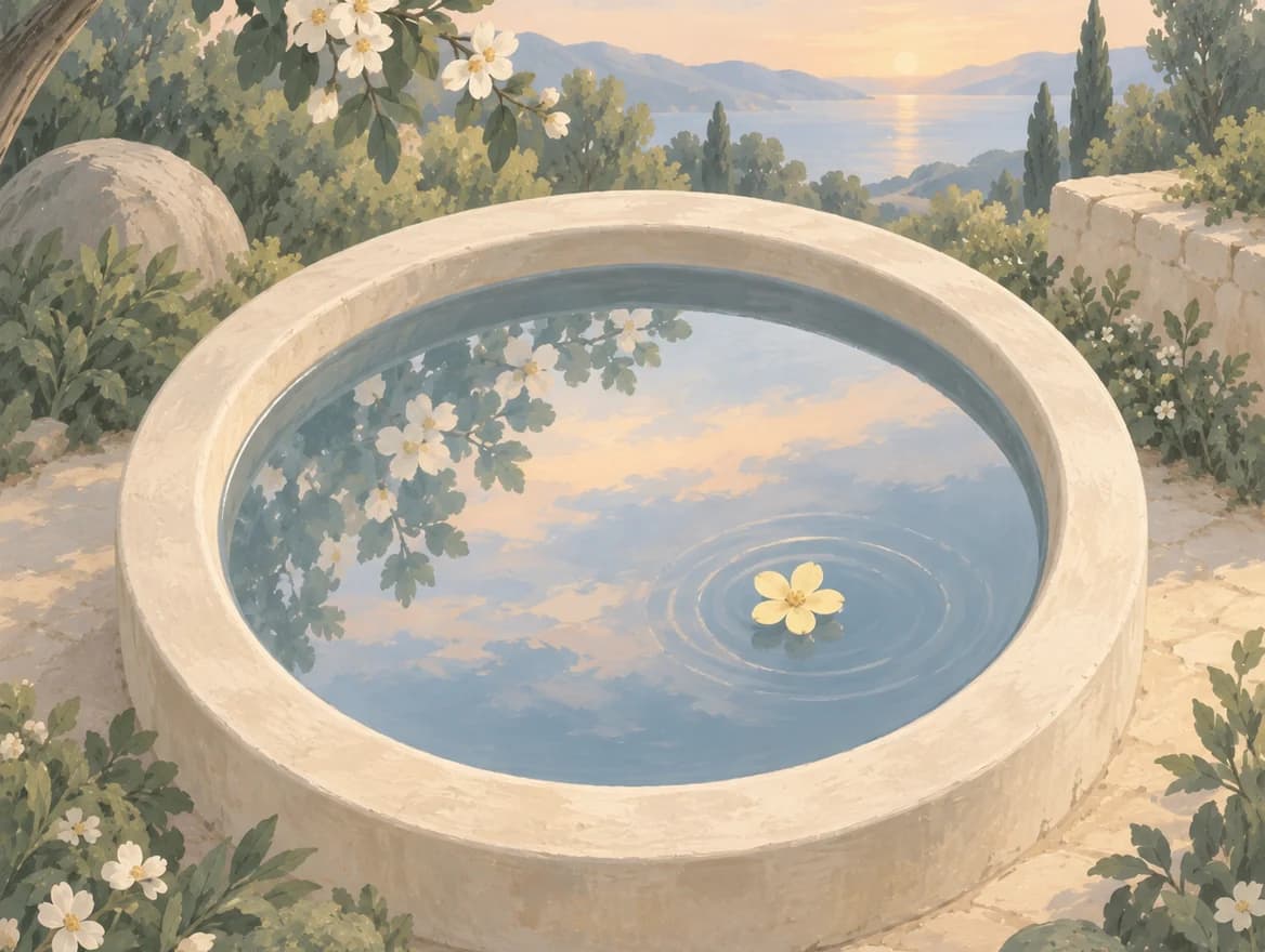 A round stone garden pool reflecting the blue sky and white blossoms, with a yellow flower rippling the water.