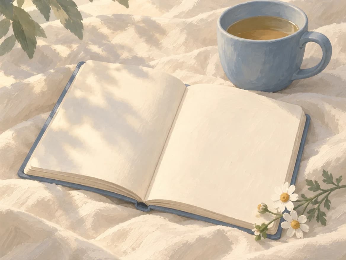 An open ivory journal beside a pale blue teacup and a sprig of chamomile in the morning light.