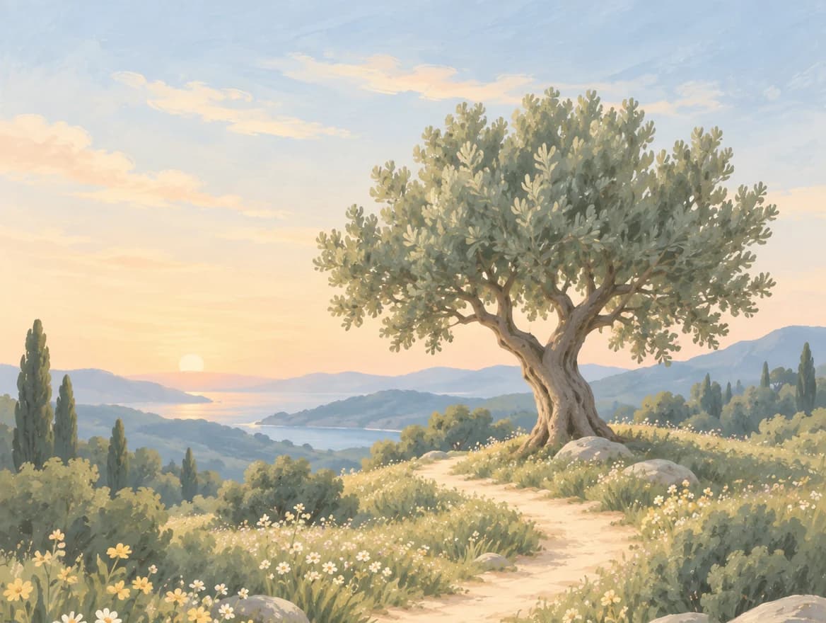 A curved path through chamomile and yellow meadow flowers leading toward an olive tree and pale blue hills.