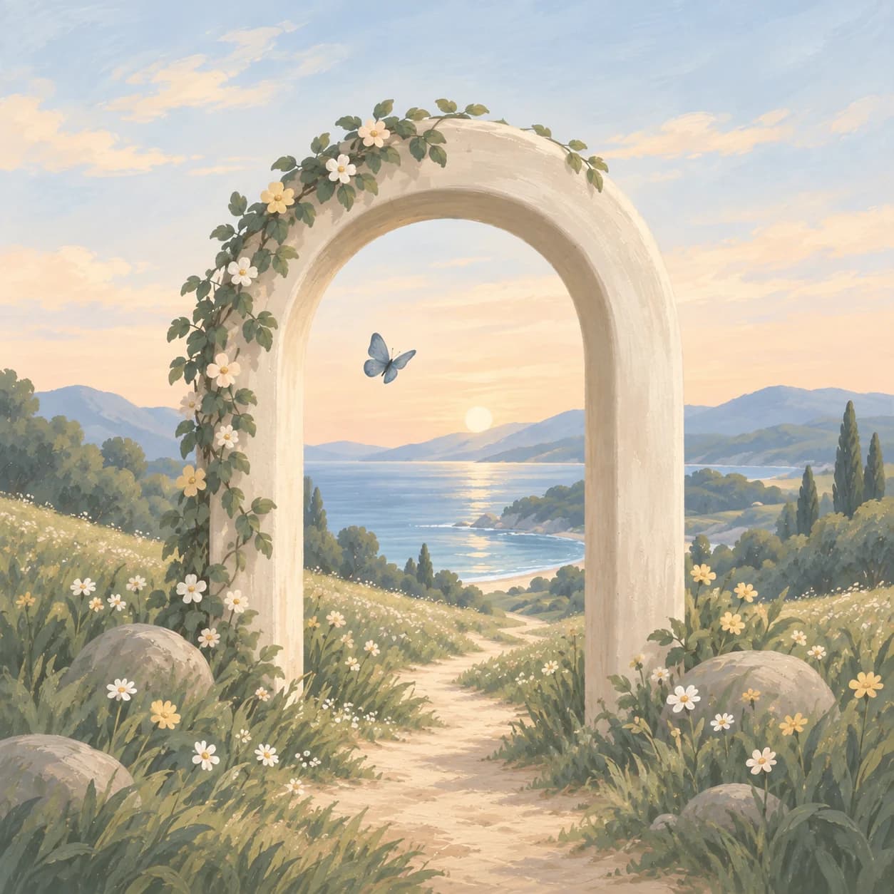 A painterly ivory doorway among meadow flowers, with a blue butterfly and a quiet lake beyond.
